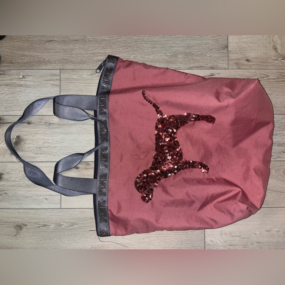 PINK Victoria's Secret Pink Sequin Dog Tote with Gray Straps